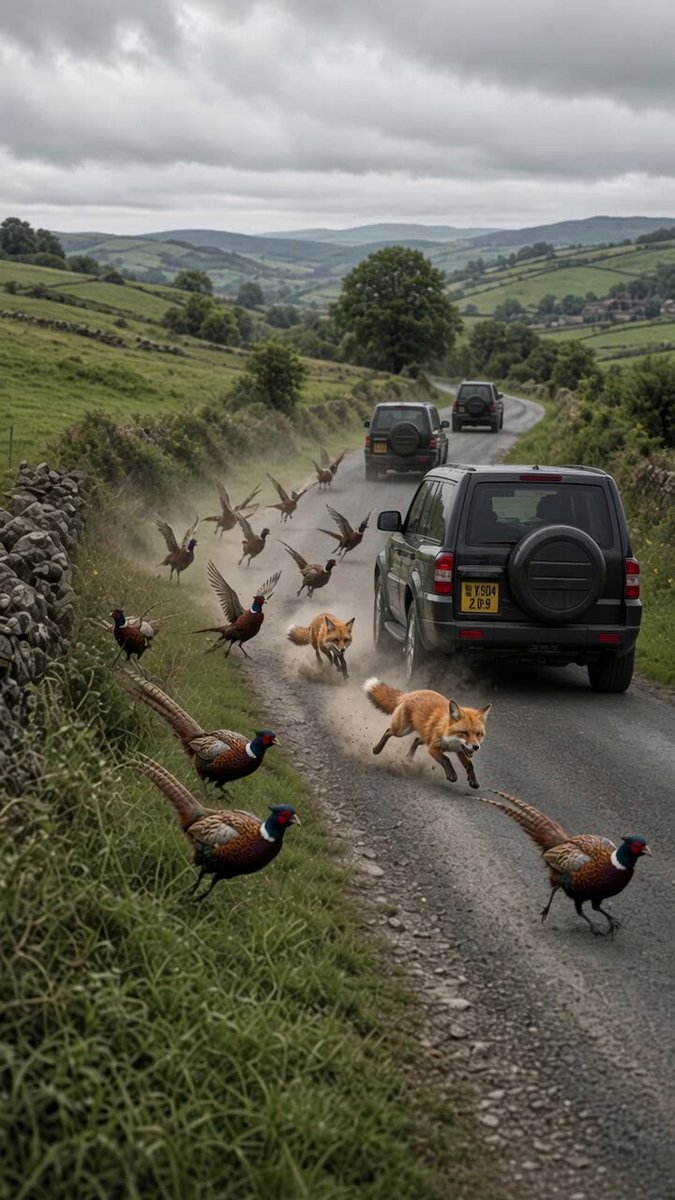Pheasant and Fox Chasing SUV on Country Road