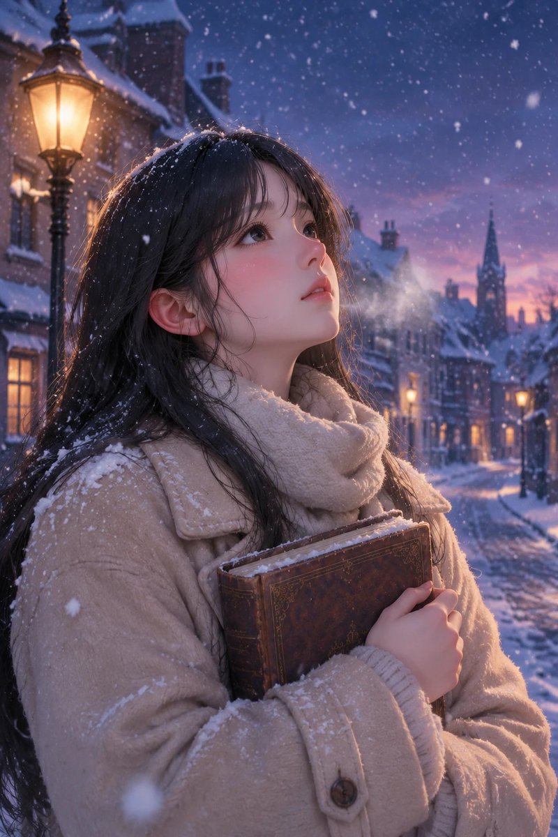 Woman Reading in a Snowy Street