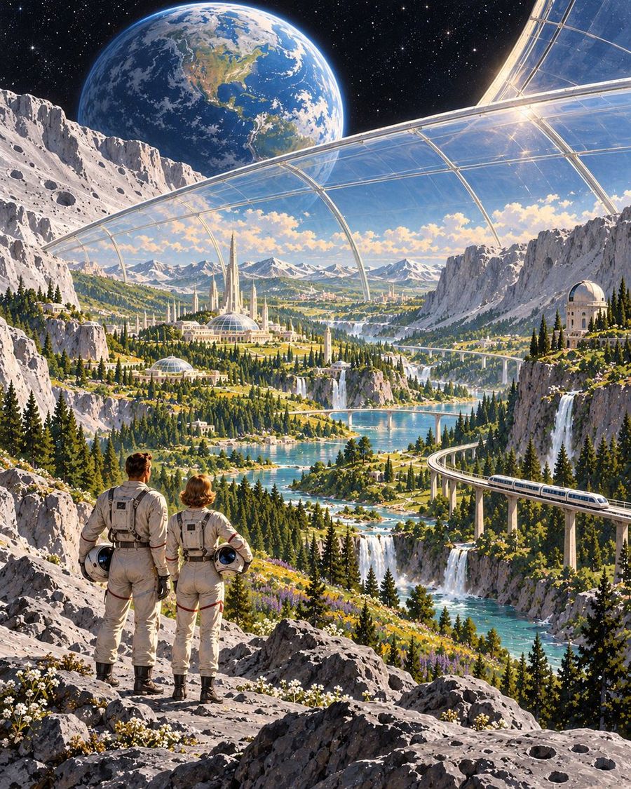 Lush Moon Colony with Earth in the Sky