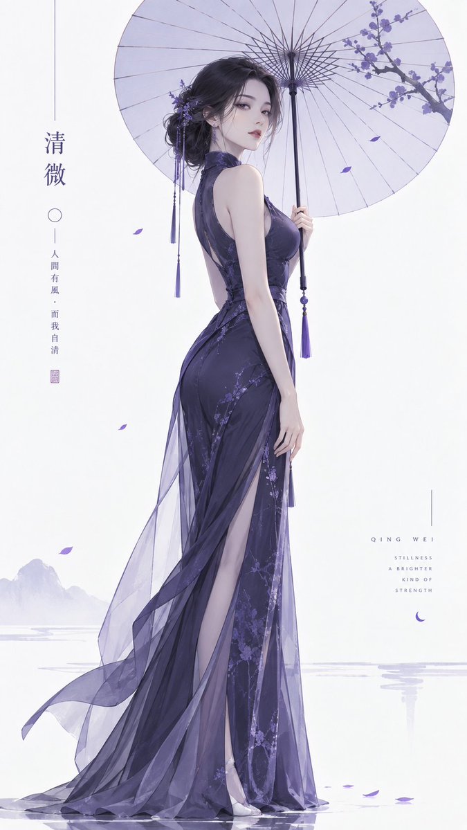 Minimalist Illustration of Eastern Woman with Umbrella
