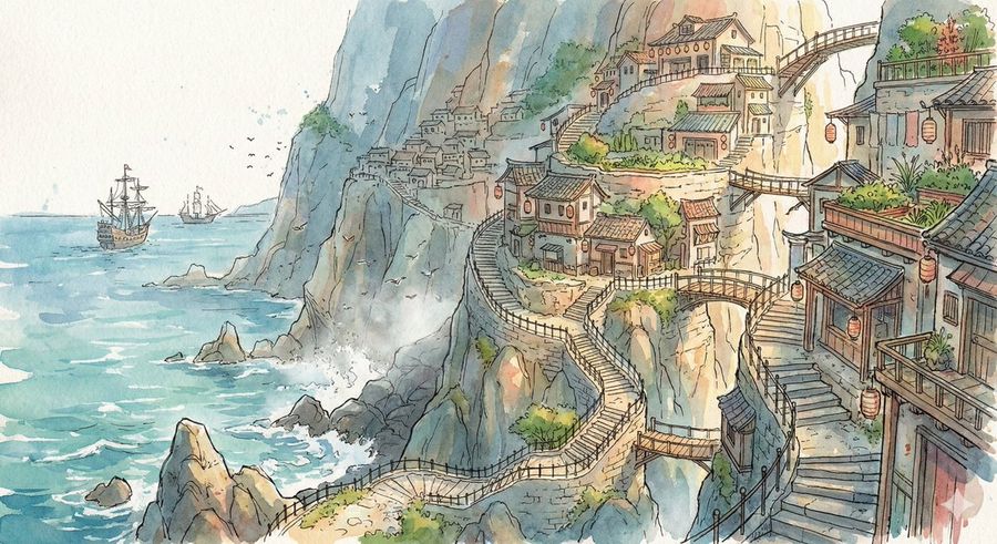 Watercolor Cliff Village Illustration