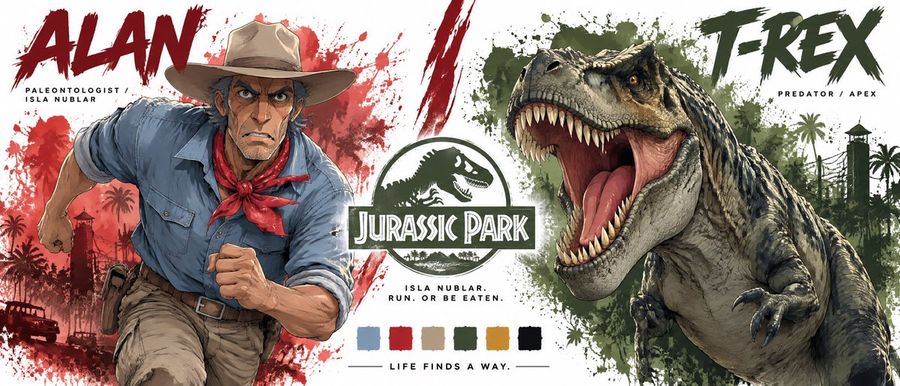 Cinematic Character Sheet for Alan and T-Rex