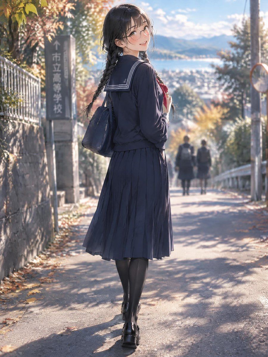 Anime Girl in Sailor Uniform Walking Home
