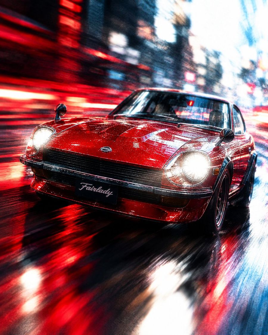 Classic Red Fairlady Z in Neon Rain