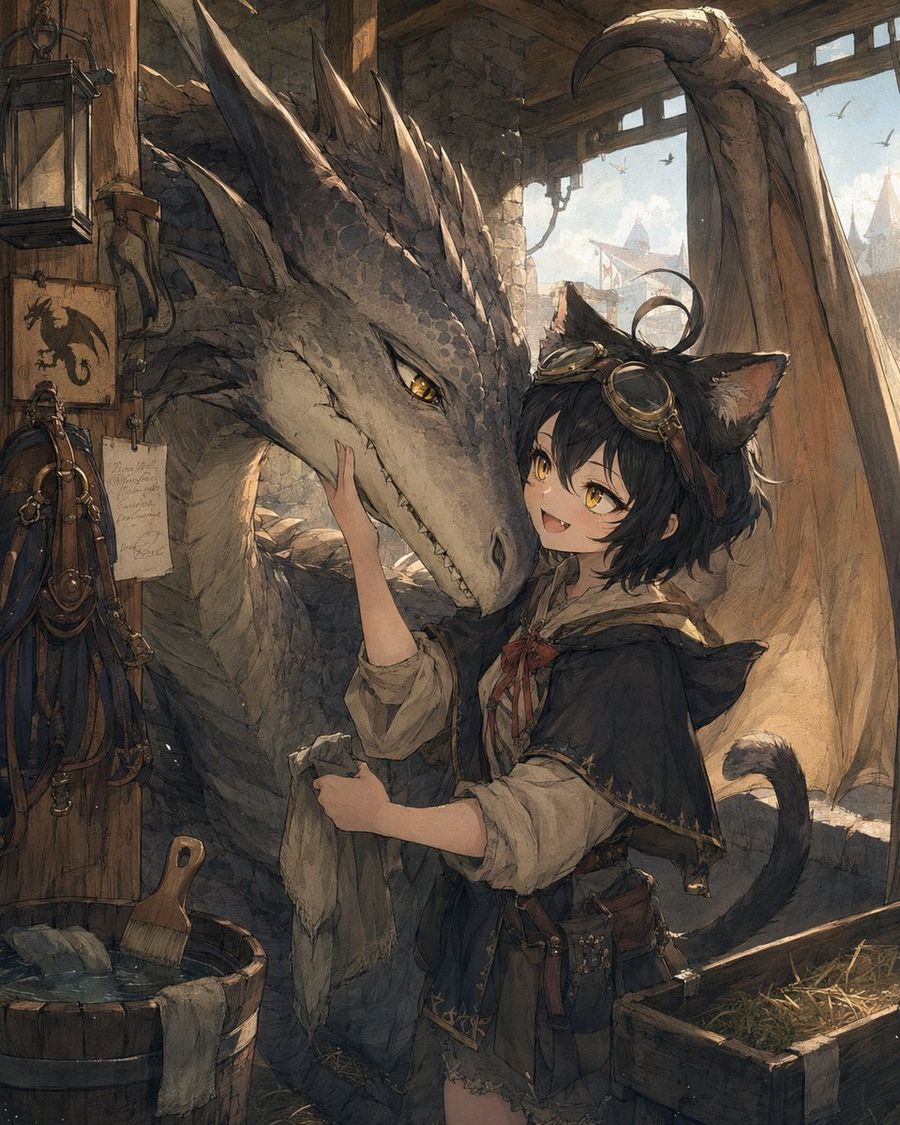 Cat-Eared Girl Grooming a Giant Dragon