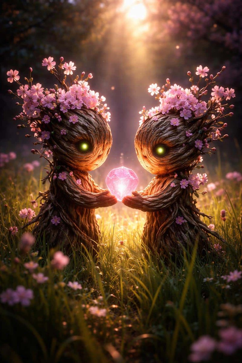 Two Flowering Tree Spirits with Crystal