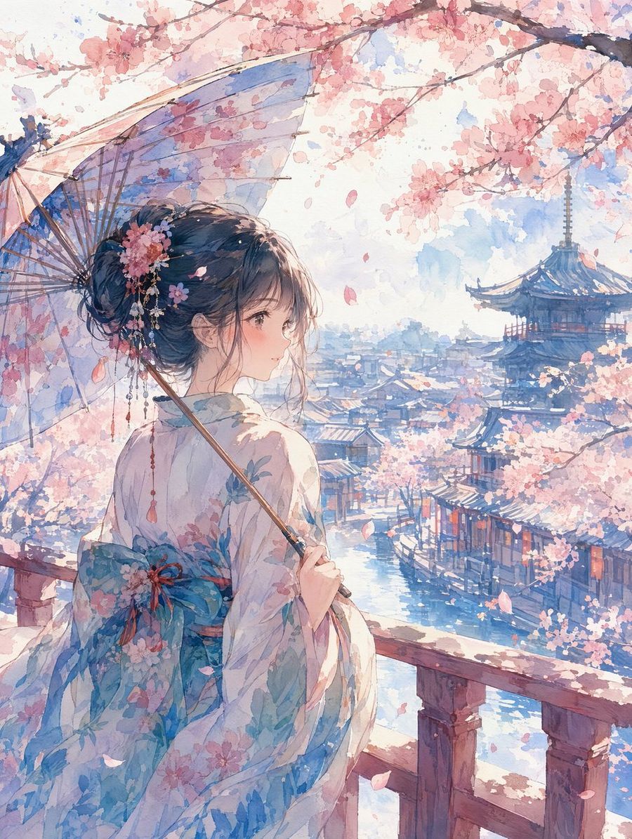 Watercolor Cherry Blossom Anime Scene