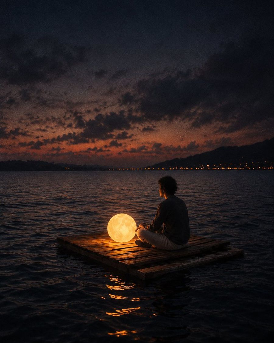 Lone Person on Raft with Glowing Moon