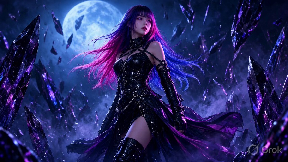 Gothic Anime Style: Crystals and Blue Moon Cinematic Scene
