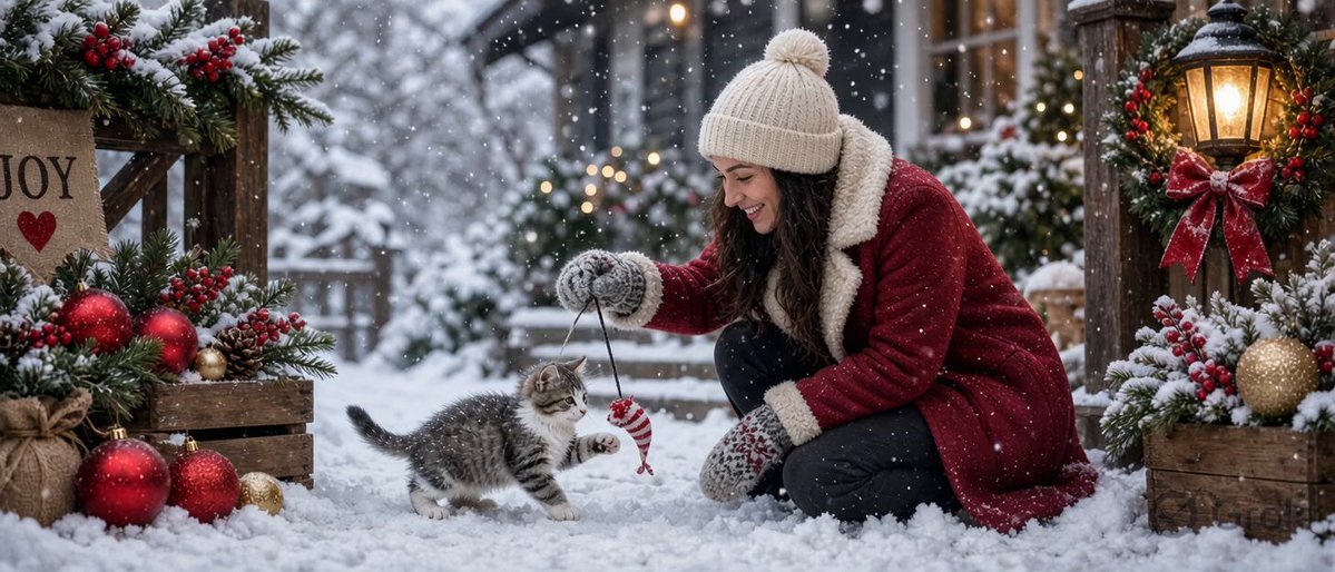 Christmas Kitten Snow Scene
