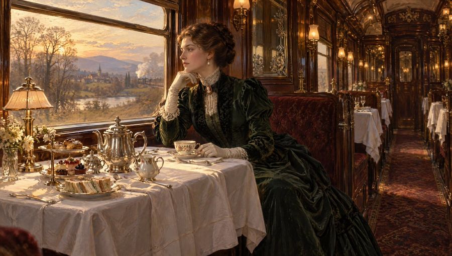 Victorian Woman Having Afternoon Tea on a Luxury Train