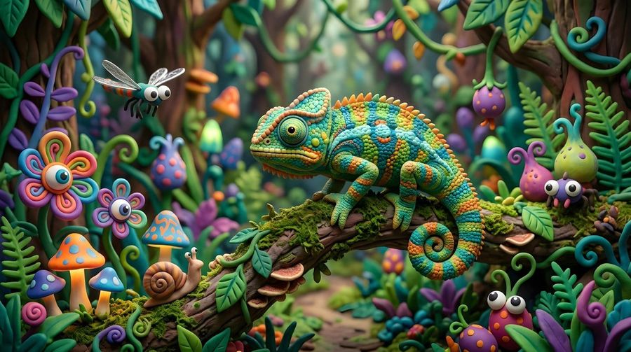 Claymation Style Chameleon Forest