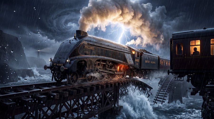 Steam Locomotive and Collapsing Bridge Storm
