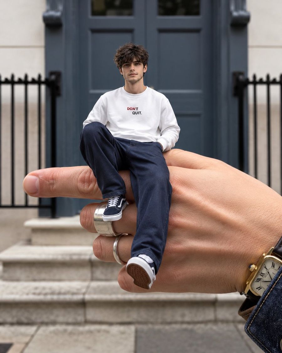 Surreal Scene of Miniature Figure on Giant Hand
