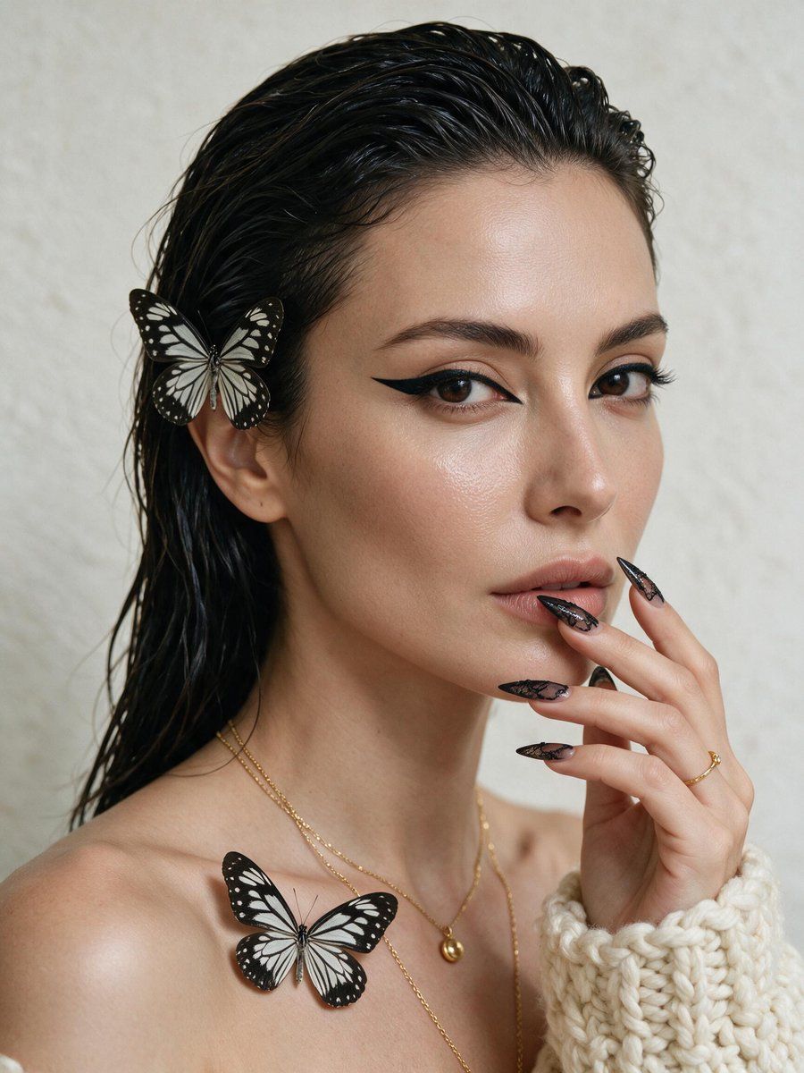 Geometric Eyeliner and Lace Nail Portrait