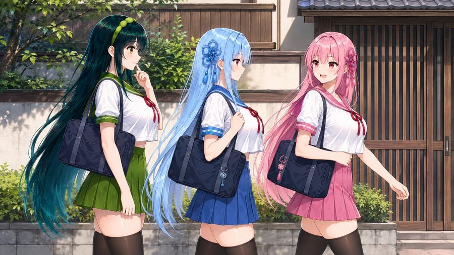 Three Anime Schoolgirls Walking