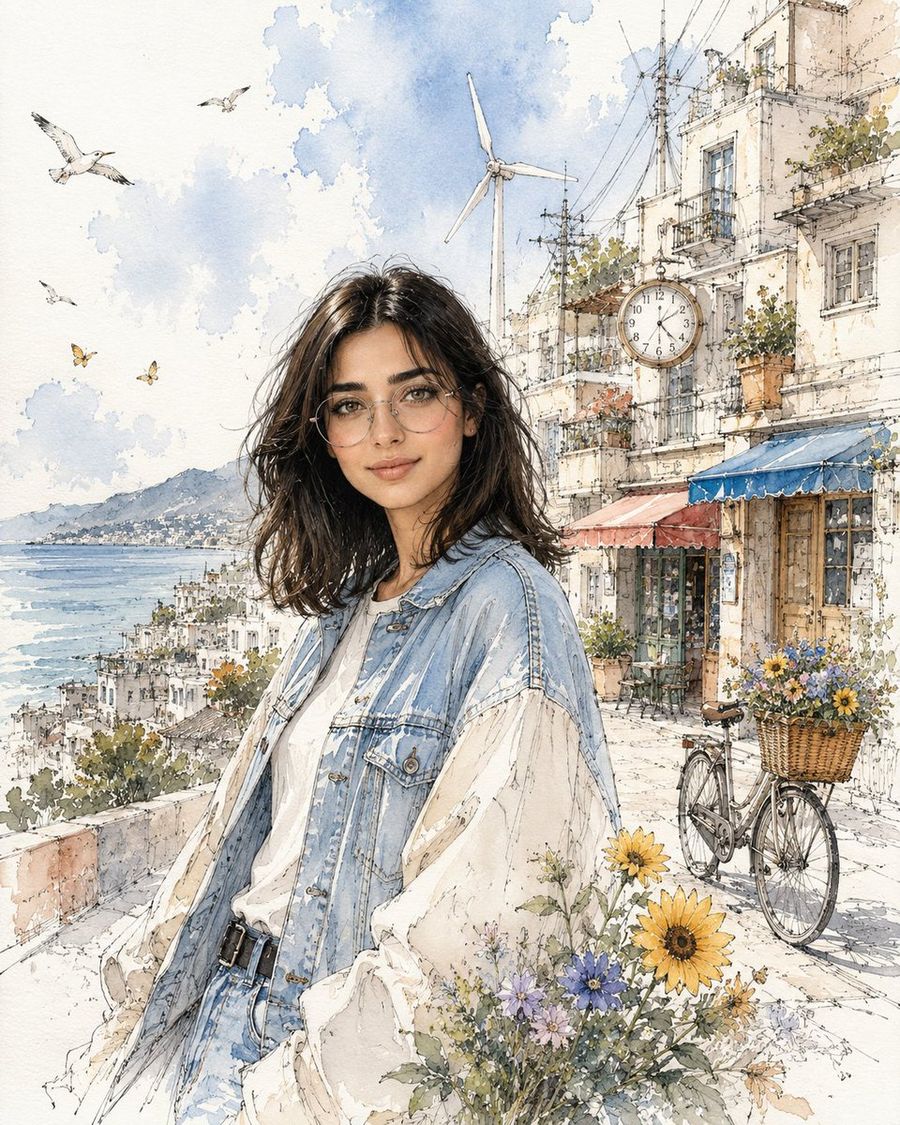 Mediterranean Style Watercolor Travel Portrait