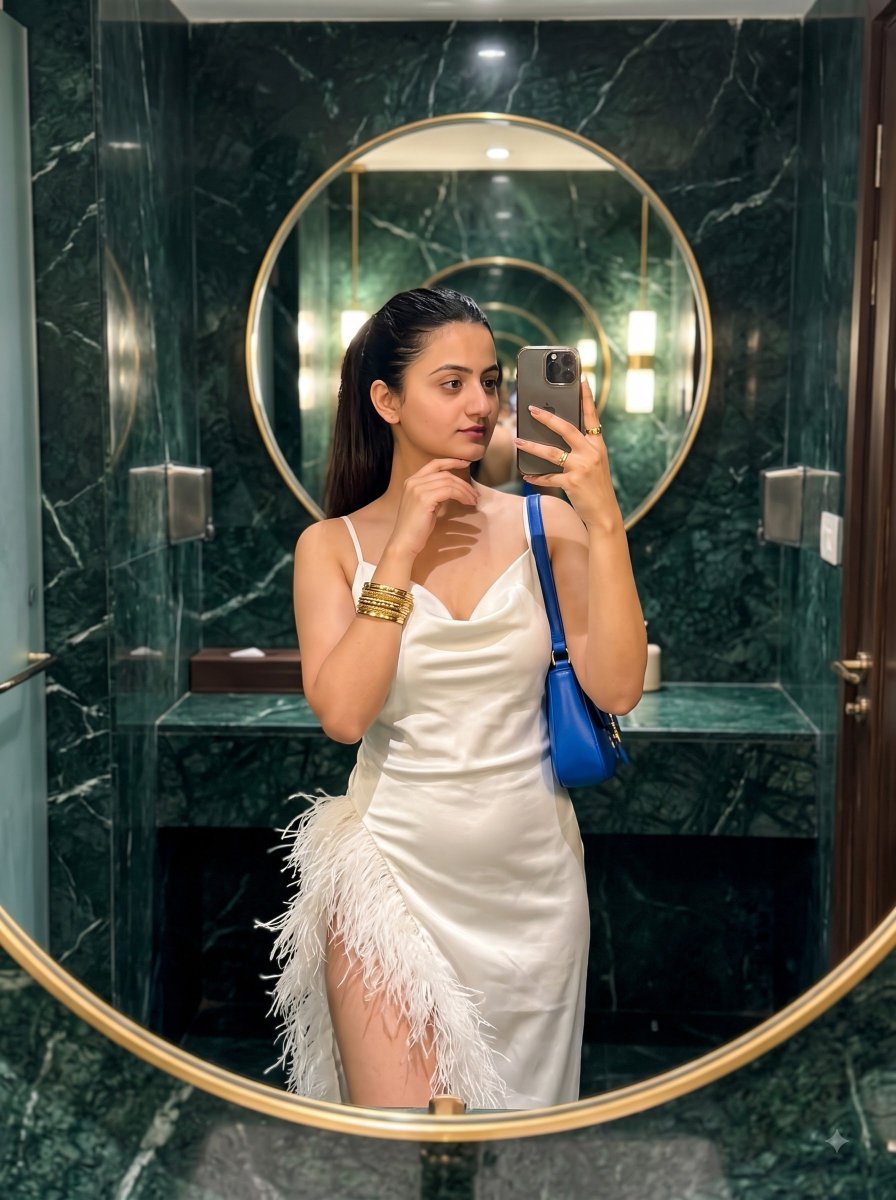 Feathered Silk Dress Mirror Selfie