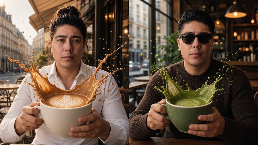 Split-Screen Surreal Café Portrait