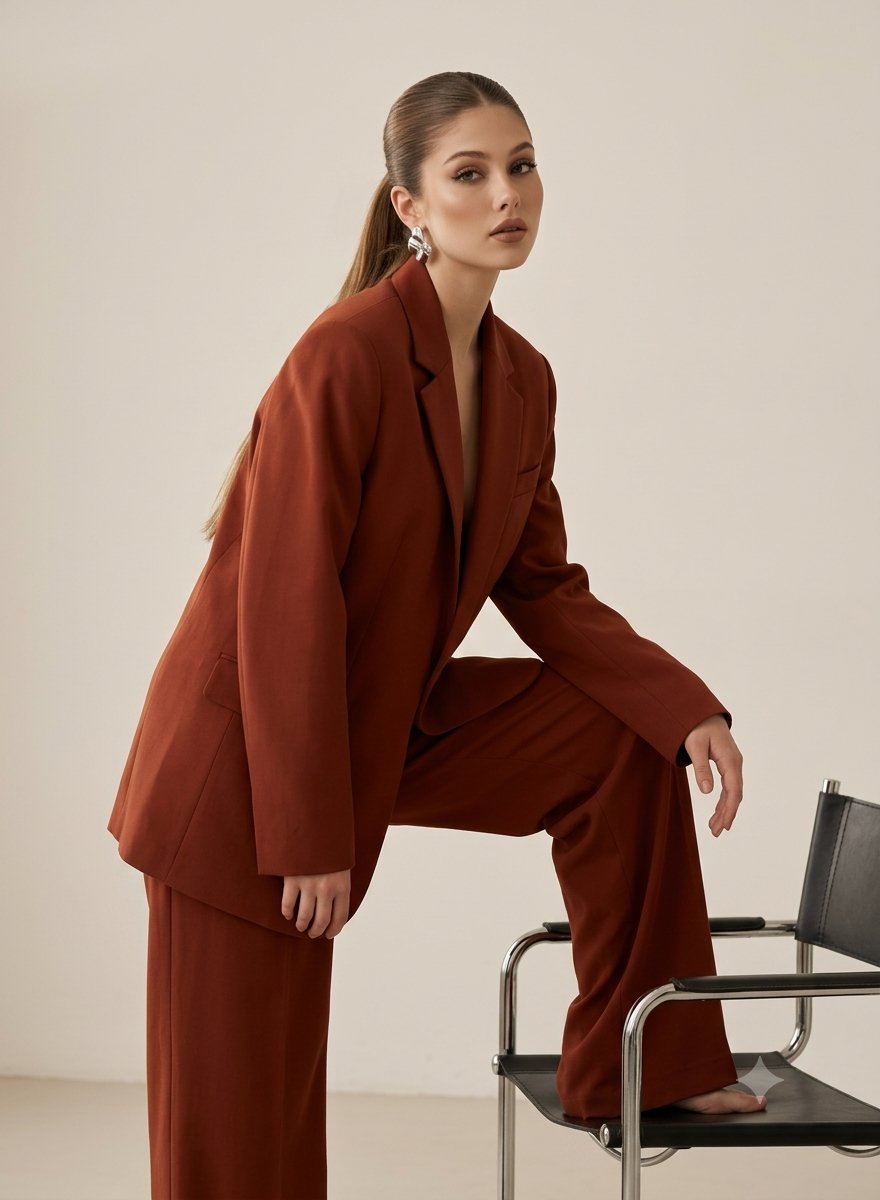 Editorial Rust Red Suit Studio Portrait