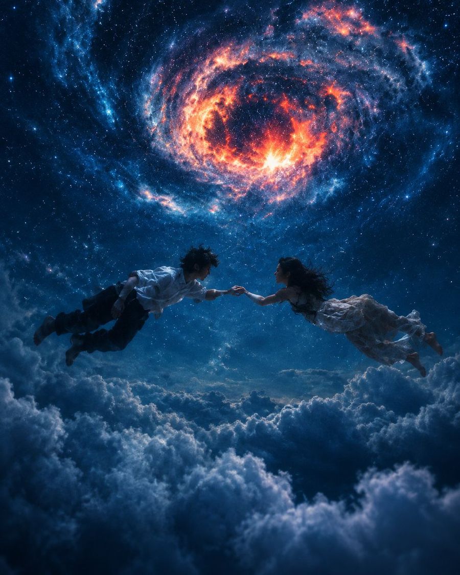 Cosmic Romance: Couple Floating in Space