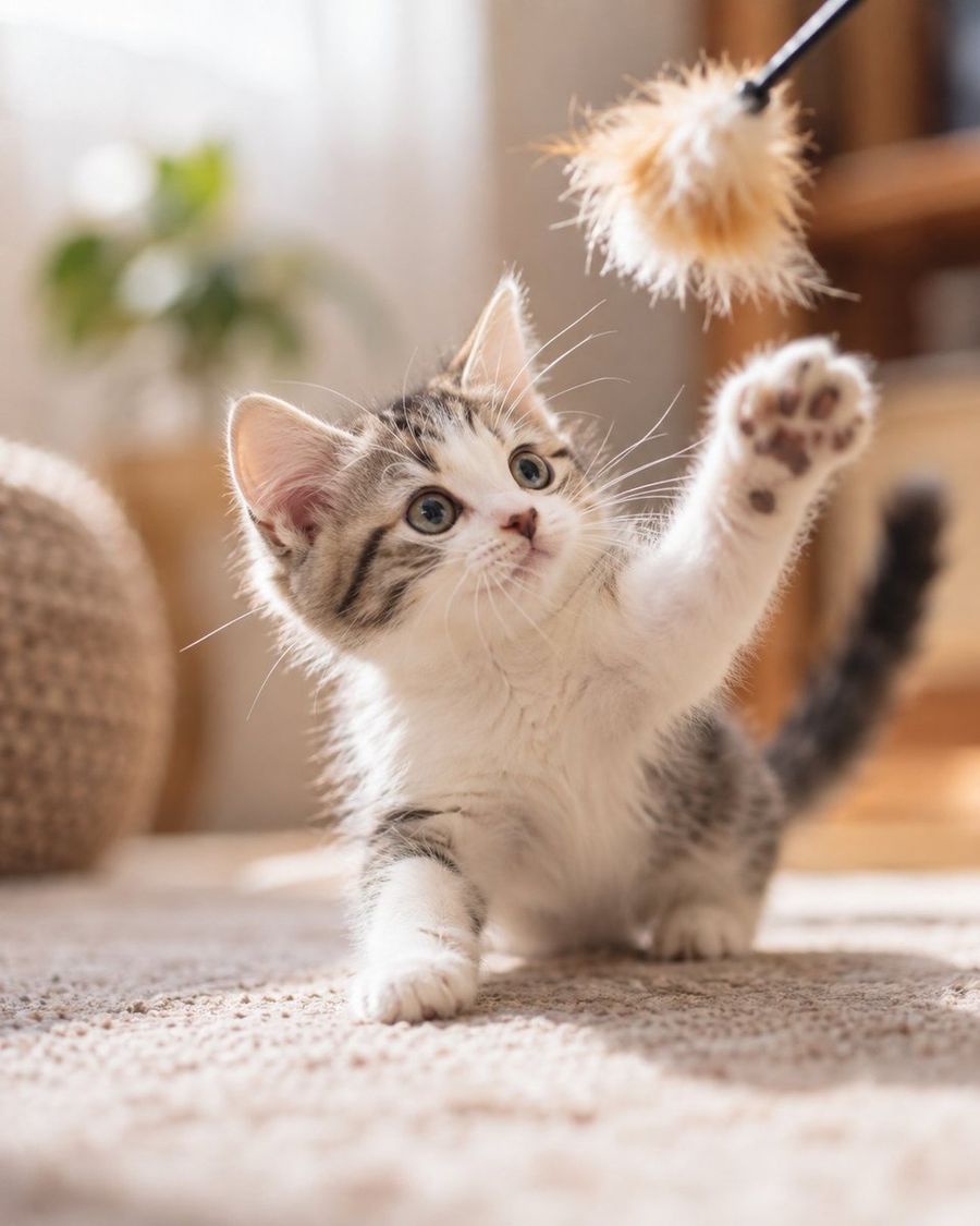 Playful Kitten Pouncing on Feather Toy