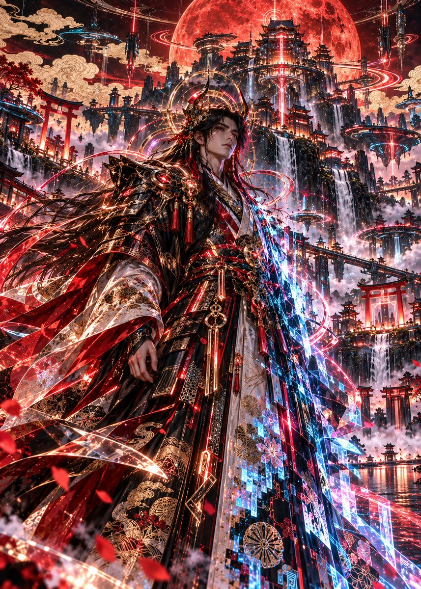 Cyber Japanese Deity and Floating Fortress