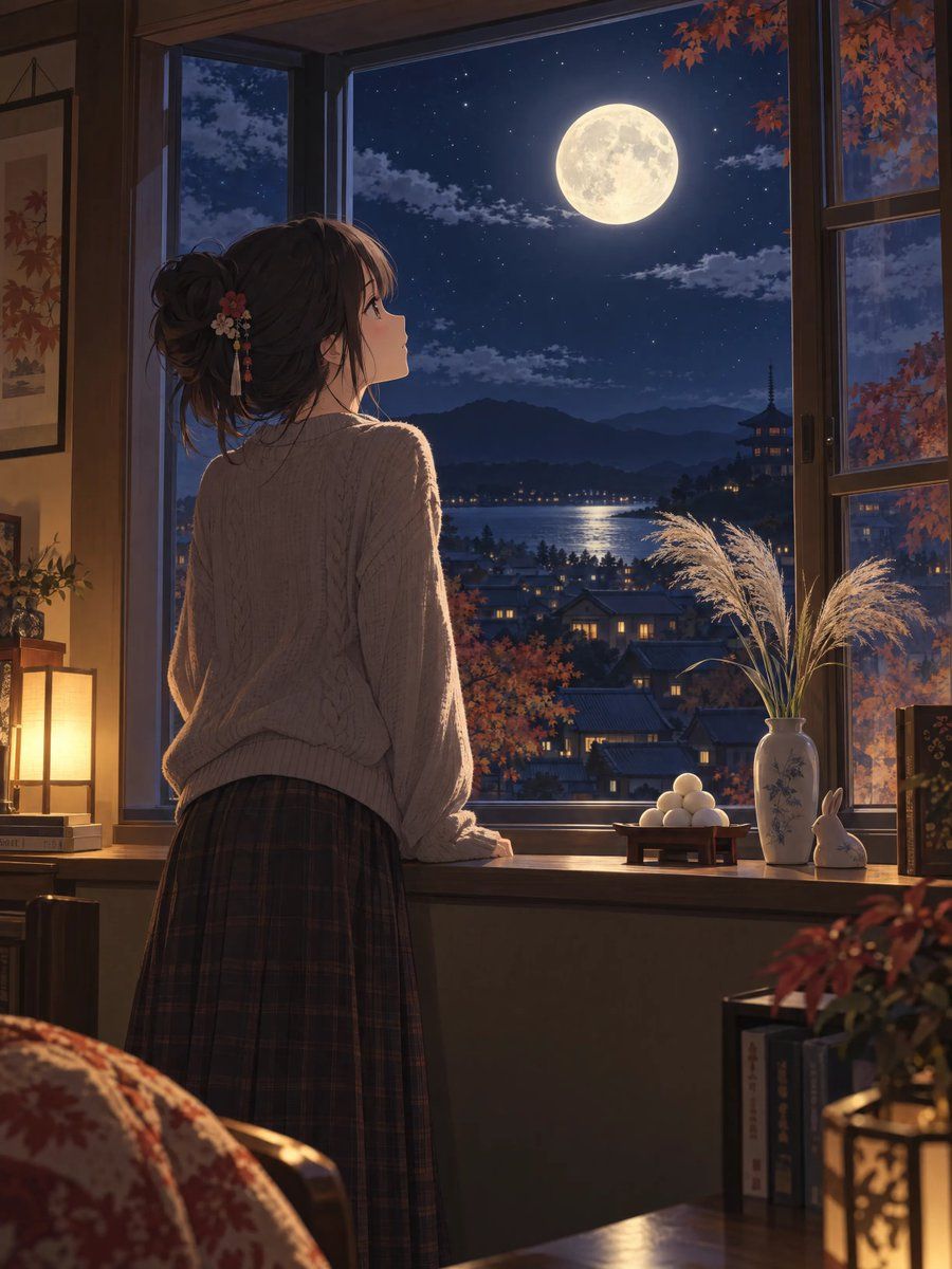 Anime Girl Moon Gazing: Tsukimi Festival