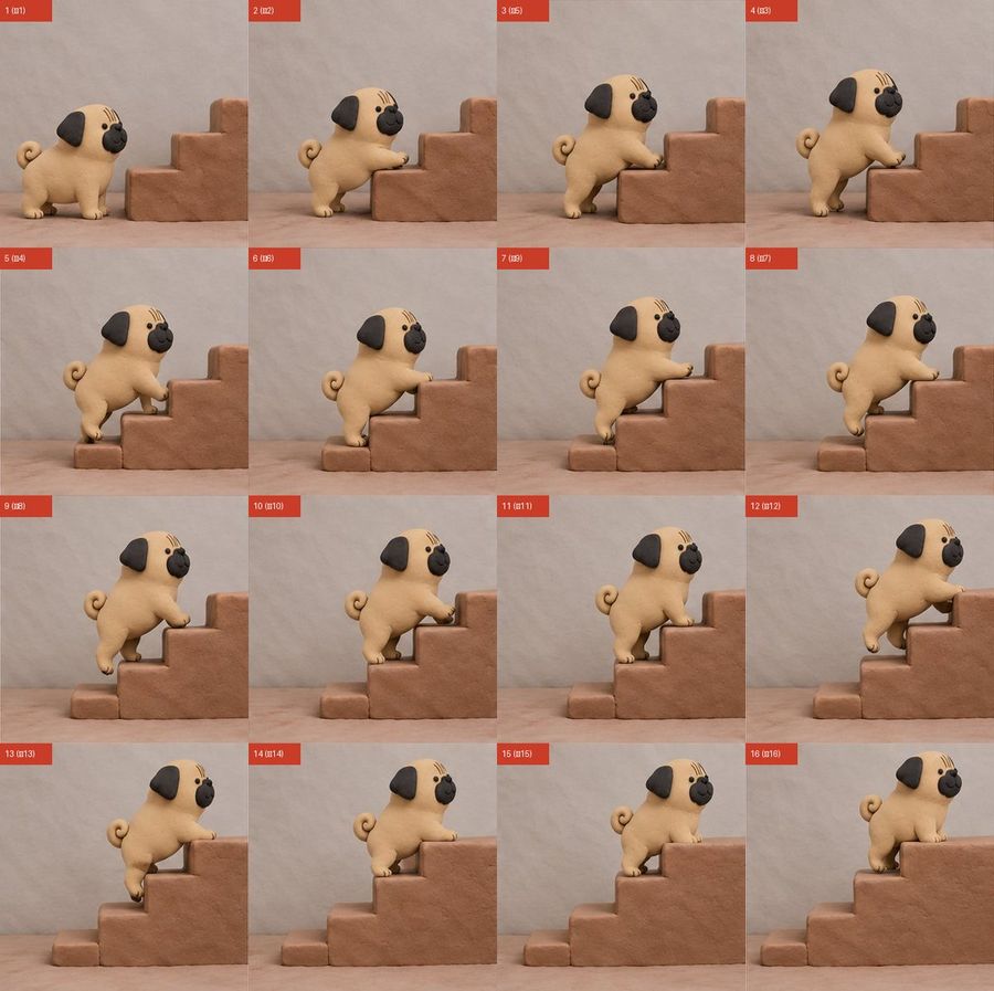 Claymation Pug Climbing Stairs Contact Sheet