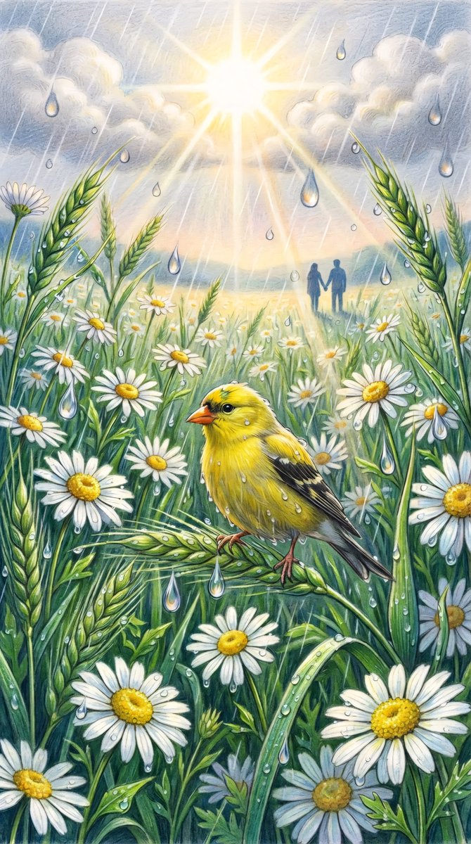 Goldfinch and Daisy Colored Pencil Art