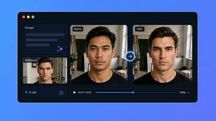 Videovisning med tekstpromptfelt, upload af referencebillede og sammenligning før og efter