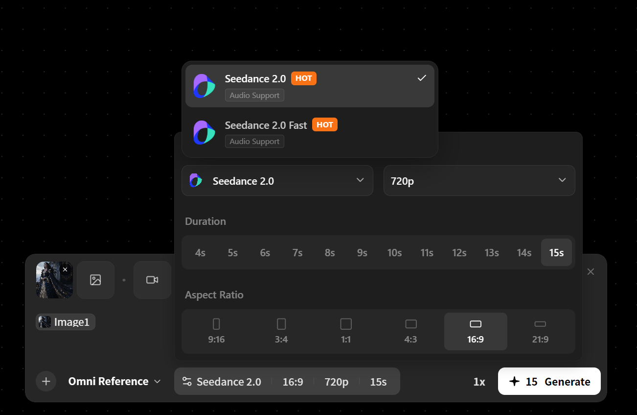 Panel penjanaan video Topview Canvas — Seedance 2.0, panjang dan nisbah aspek